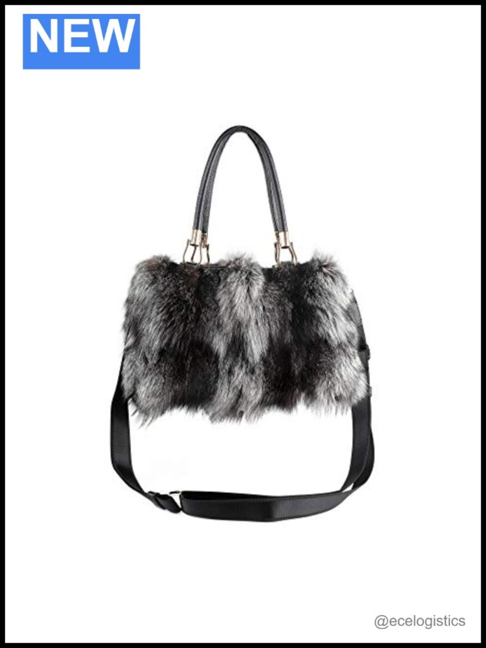 Real Fox Fur Chain Shoulder Bag with Genuine Leather Trim Fluffy Tote Handbag